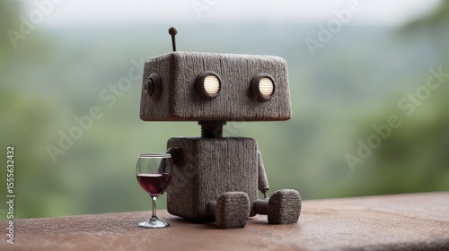 Sad robot with wine glass sitting alone outdoors on deck, drinking, melancholy