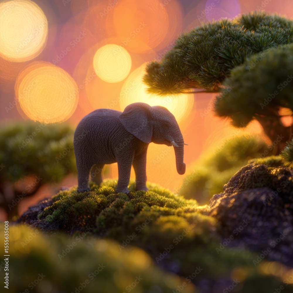 Obraz premium Miniature elephant on mossy landscape with bokeh background at sunset evokes wonder.