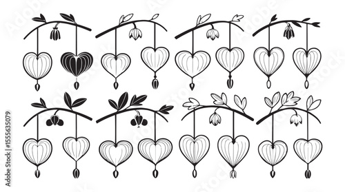 Collection of delicate bleeding heart flowers and buds hanging from branches in a stylized silhouette