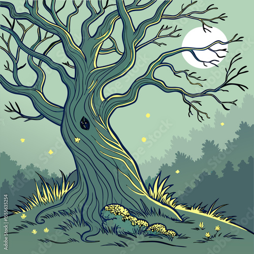 An enchanted tree with twisted branches, glowing fireflies surrounding it., illustration of a tree vector tree