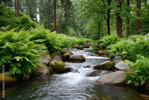 Pure stream flowing through lush ferns and rocks in peaceful forest