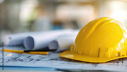 Yellow hard hat on blueprints (2)