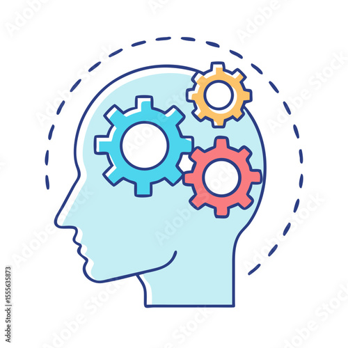 Gears turning inside a human head symbolizing thought processes