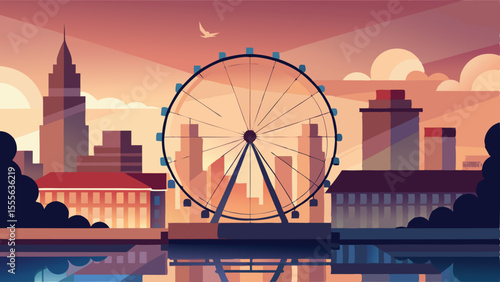 Cityscape with ferris wheel and buildings against sunset sky landscape illustration