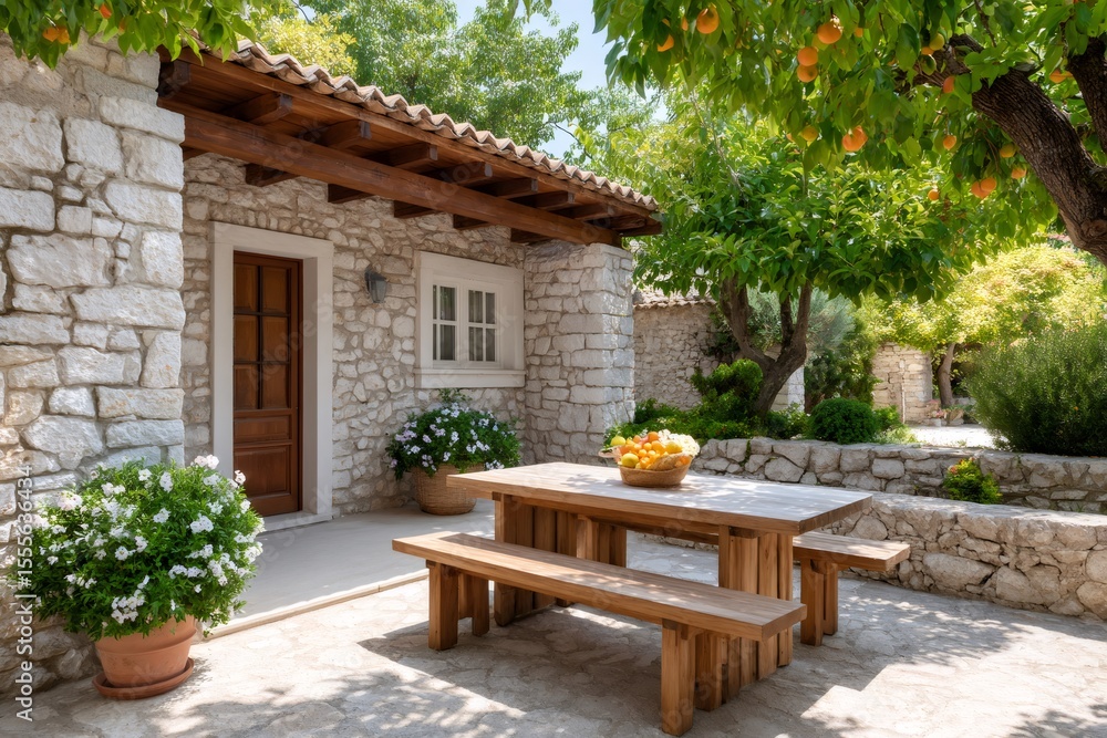 Obraz premium Wooden table and benches under orange tree in front of stone house
