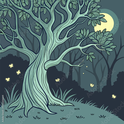 An enchanted tree with twisted branches, glowing fireflies surrounding it., illustration of a tree vector tree