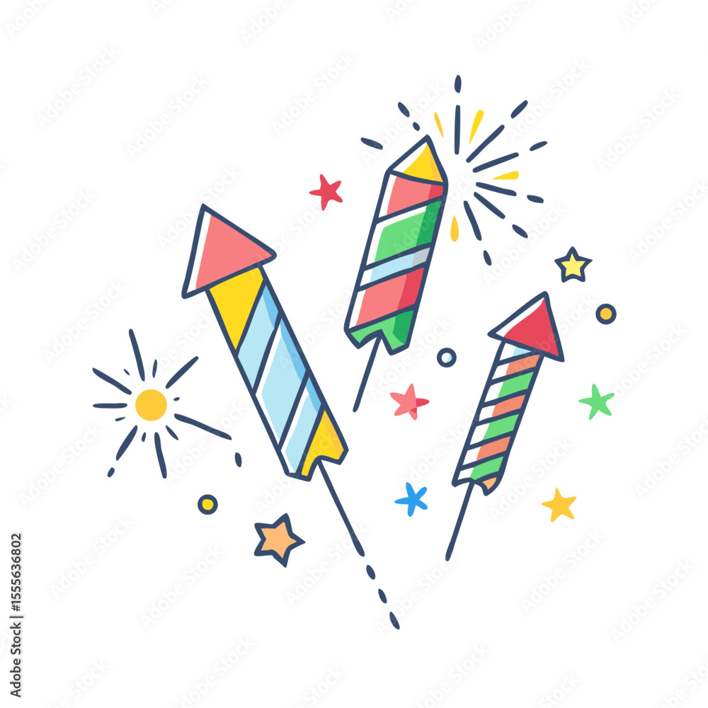 Fototapeta premium Colorful cartoon fireworks rockets exploding with stars and sparkles