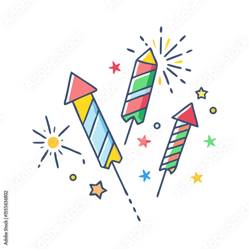 Colorful cartoon fireworks rockets exploding with stars and sparkles