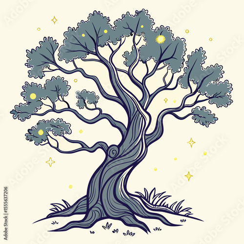 An enchanted tree with twisted branches, glowing fireflies surrounding it., illustration of a tree vector tree