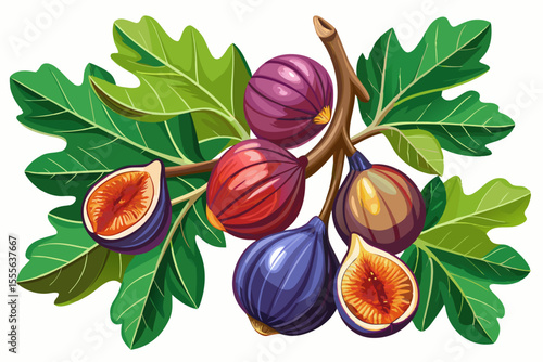 vector of Lush fig branch with ripe fruits and isolated vibrant green leaves is known as very hot fruit.