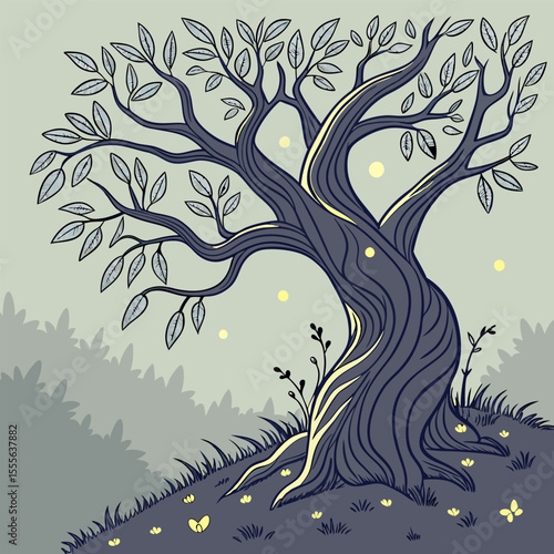 An enchanted tree with twisted branches, glowing fireflies surrounding it., illustration of a tree vector tree