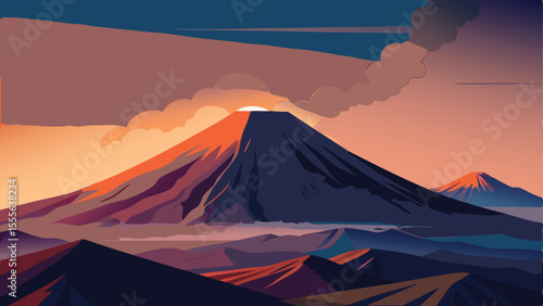 Stylized peaks and clouds at sunset with orange and blue hues landscape illustration