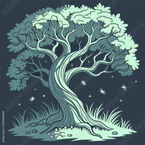 An enchanted tree with twisted branches, glowing fireflies surrounding it., illustration of a tree vector tree