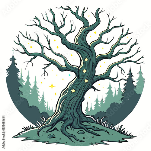 An enchanted tree with twisted branches, glowing fireflies surrounding it., illustration of a tree vector tree