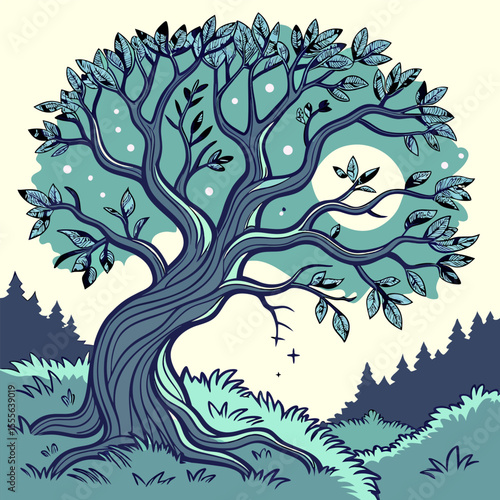 An enchanted tree with twisted branches, glowing fireflies surrounding it., illustration of a tree vector tree