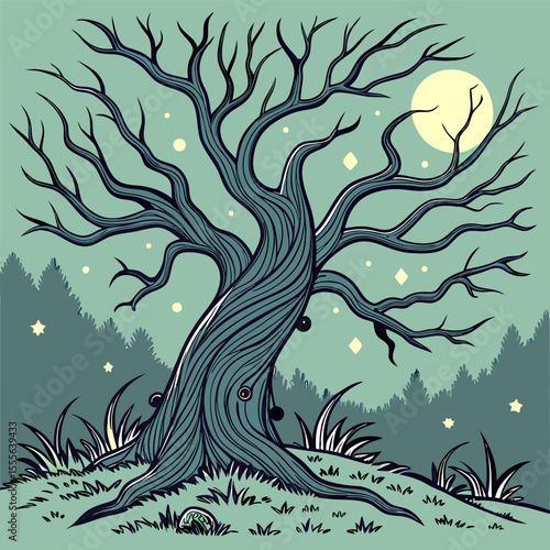 An enchanted tree with twisted branches, glowing fireflies surrounding it., illustration of a tree vector tree