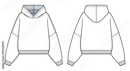 Oversized Hoodie Technical Fashion Illustration. Pullover Hoodie with Dropped Shoulders Vector Template. Front and Back design. Unisex streetwear. White color. CAD Mockup set.