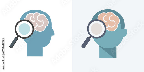 Teal Head Profile Brain Magnifying Glass Icon Flat Design Illustration Two Variations