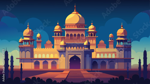 Artistic rendering of a large palace with golden domes at dusk landscape illustration