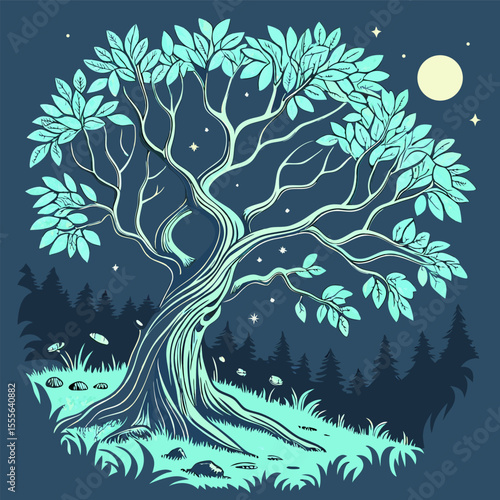 An enchanted tree with twisted branches, glowing fireflies surrounding it., illustration of a tree vector tree
