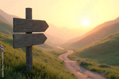 Wooden Direction Sign on Mountain Trail Pathway in Countryside Landscape at Sunset
