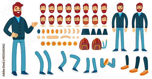 Cartoon Man Character Creation Kit Red Hair Blue Jeans Multiple Expressions Poses