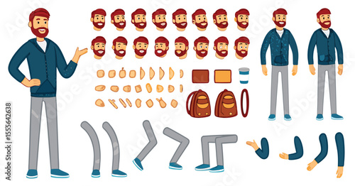 Cartoon Man Character Creation Kit Red Hair Blue Jacket Grey Pants Multiple Poses Expressions