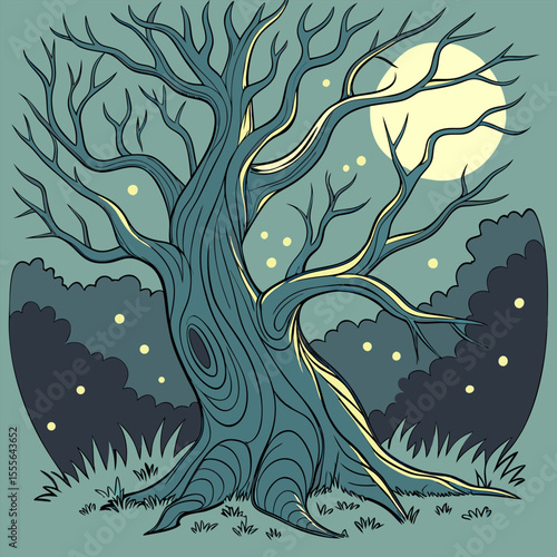An enchanted tree with twisted branches, glowing fireflies surrounding it., illustration of a tree vector tree