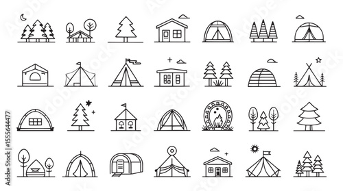 Collection of camping and outdoor adventure icons featuring various tents trees and structures in a minimalist silhouette style