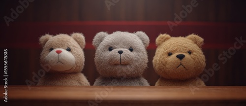 Three cute fluffy teddy bears sitting on wooden bench, toy bears, childhood, stuffed animal