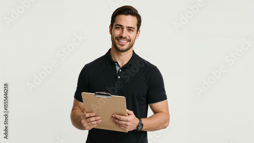 Male Personal Trainer Holding Clipboard Smiling – Professional Fitness Photo on White Background