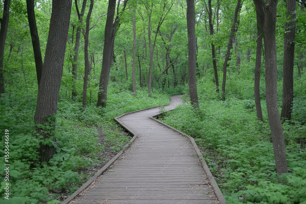 Obraz premium Winding boardwalk through lush green forest showcasing nature's tranquility and beauty on a peaceful day