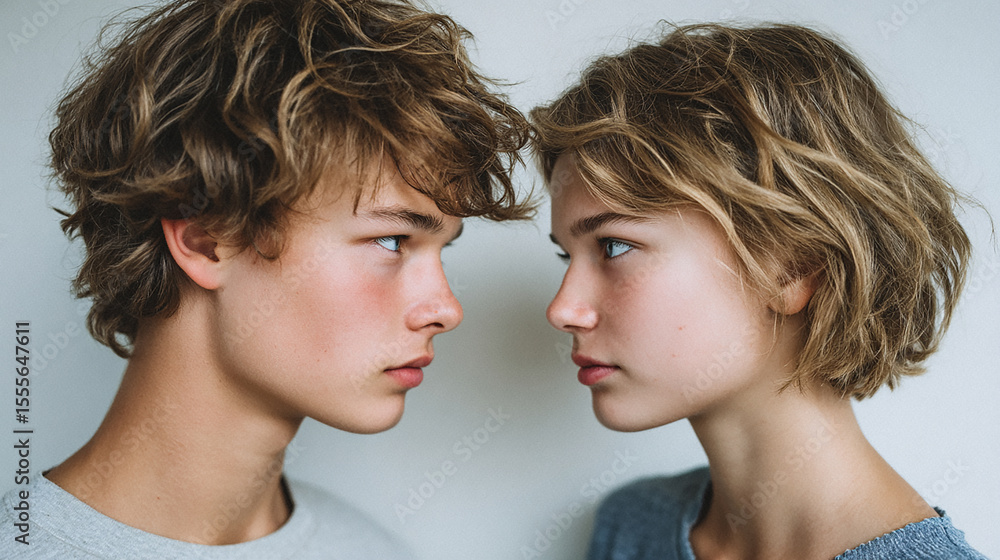 Close up portrait of young man and woman facing each other with serious expressions showing intense connection and youthful emotion Close up portrait of young man and woman facing each other with serious expressions showing intense connection and youthful emotion