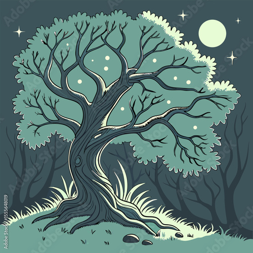 An enchanted tree with twisted branches, glowing fireflies surrounding it., illustration of a tree vector tree