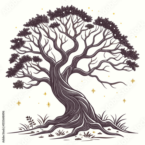 An enchanted tree with twisted branches, glowing fireflies surrounding it., illustration of a tree vector tree