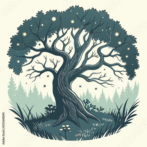 An enchanted tree with twisted branches, glowing fireflies surrounding it., illustration of a tree vector tree