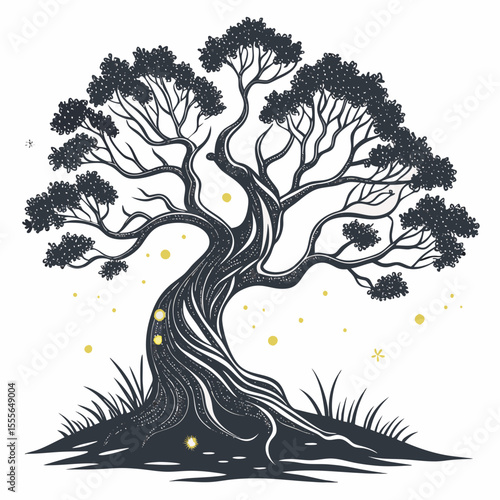 An enchanted tree with twisted branches, glowing fireflies surrounding it., illustration of a tree vector tree