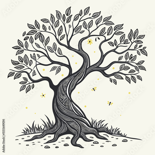 An enchanted tree with twisted branches, glowing fireflies surrounding it., illustration of a tree vector tree