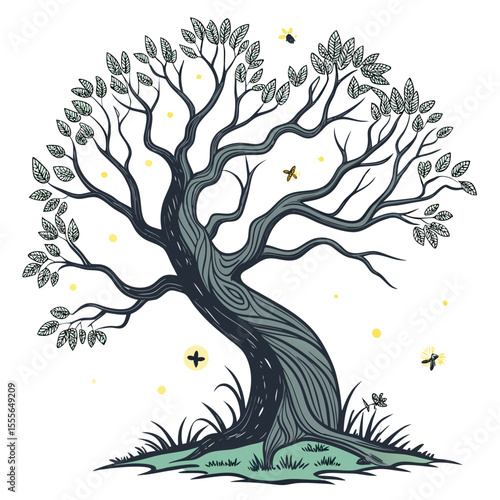 An enchanted tree with twisted branches, glowing fireflies surrounding it., illustration of a tree vector tree