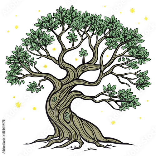 An enchanted tree with twisted branches, glowing fireflies surrounding it., illustration of a tree vector tree
