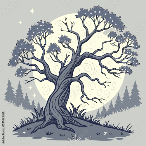 An enchanted tree with twisted branches, glowing fireflies surrounding it., illustration of a tree vector tree