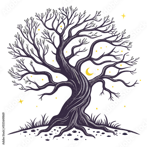 An enchanted tree with twisted branches, glowing fireflies surrounding it., illustration of a tree vector tree
