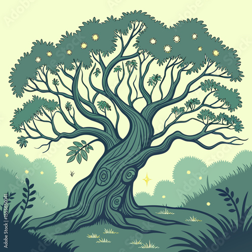 An enchanted tree with twisted branches, glowing fireflies surrounding it., illustration of a tree vector tree