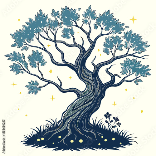 An enchanted tree with twisted branches, glowing fireflies surrounding it., illustration of a tree vector tree