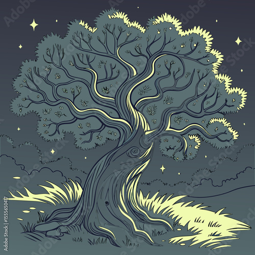 An enchanted tree with twisted branches, glowing fireflies surrounding it., illustration of a tree vector tree
