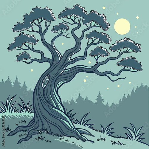 An enchanted tree with twisted branches, glowing fireflies surrounding it., illustration of a tree vector tree