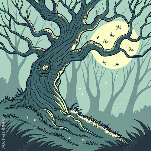 An enchanted tree with twisted branches, glowing fireflies surrounding it., illustration of a tree vector tree