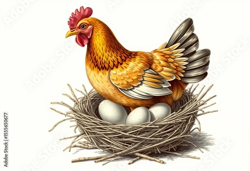 Engraved style illustration of hen brooding eggs in nest,  farm animals,  mother