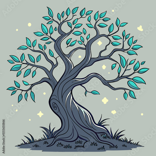 An enchanted tree with twisted branches, glowing fireflies surrounding it., illustration of a tree vector tree