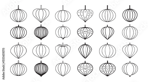 Collection of twenty four decorative outline ornaments in a stylized silhouette pattern